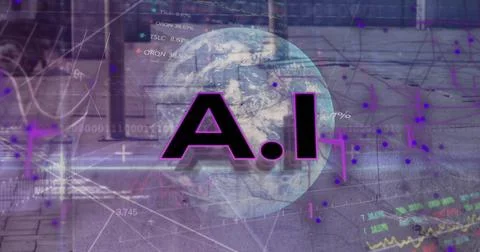 Image of ai text, globe with binary coding and data processing over city Stock Illustration