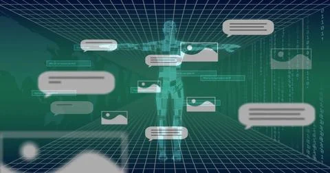 Image of ai text, human body and digital data processing over dark background Stock Illustration