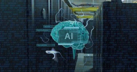 Image of ai text, human brain and data processing over computer servers Stock Illustration