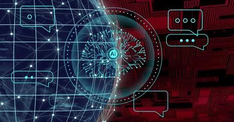 Image of ai text, human brain and digital data processing over globe Stock Illustration