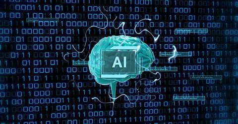Image of ai text, human brain and binary coding data processing on black Stock Photos