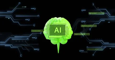 Image of ai text, human brain and data processing over computer circuit board 스톡 사진