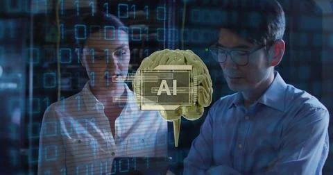 Image of ai text, human brain, binary coding over it engineers by computer Stock Photos