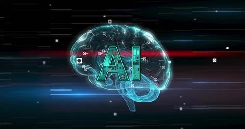 Image of ai text over digital brain spinning Foto stock