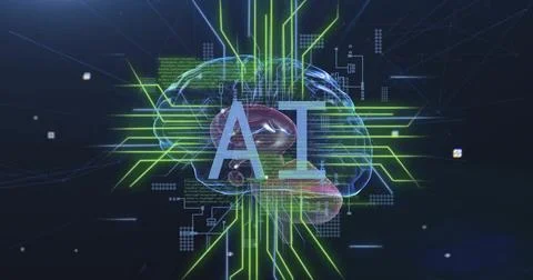 Image of ai text over digital brain spinning and data processing 写真素材