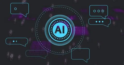 Image of ai text over scanner, ai chat dialogue over processing data on dark Stock Illustration