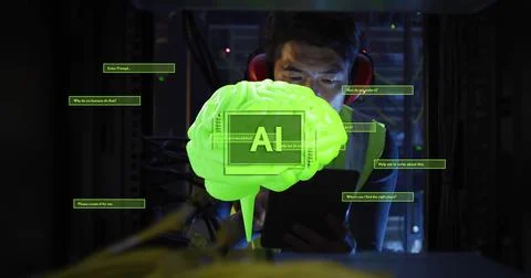 Image of ai text, scanner, brain and dialogue over asian male technician in dark Stock Illustration