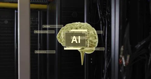 Image of ai text on scanner with brain and interface dialogue boxes over dark Stock Illustration