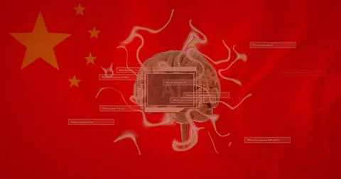 Image of ai text on scanner, rotating brain, network and data over flag of china Stock Illustration