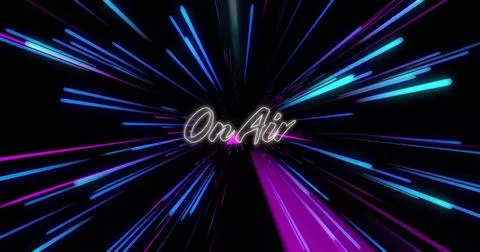 Image of on air text over colourful light trails on black background 스톡 일러스트