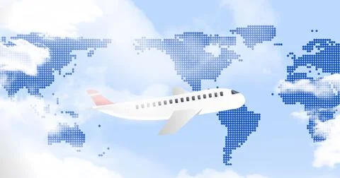 Image of airplane flying over world map Ilustração Stock