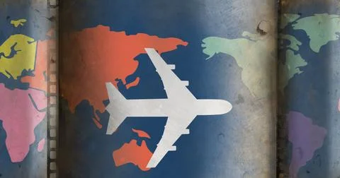 Image of airplane flying over world map Ilustração Stock