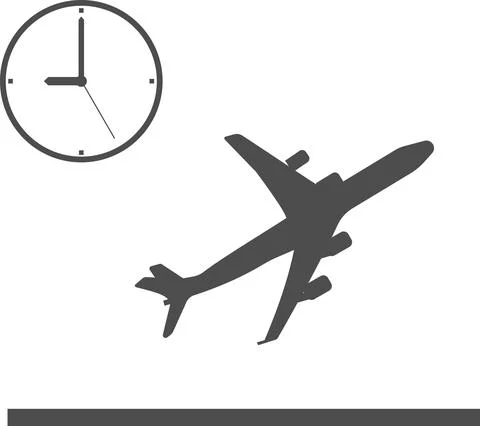 Image of an airplane taking off by the clock. Stock Illustration