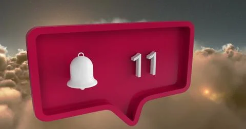Image of alert icon with numbers on speech bubble over sky and clouds Foto stock