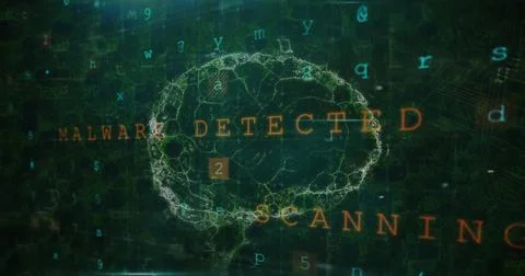 Image of alphabets, numbers over digital brain with padlock and circuit board Illustrazione stock