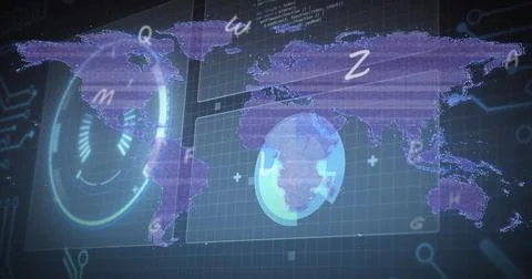Image of alphabets over interface with data processing against world map on Foto stock