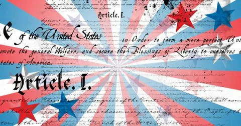 Image of american constitution text over american flag star and stripe elements Stock Illustration