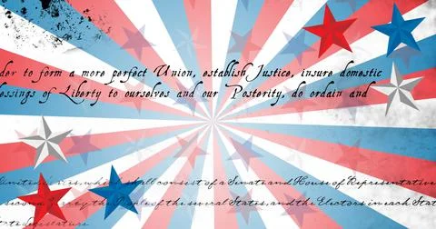 Image of american constitution text over american flag star and stripe elements Stock Illustration