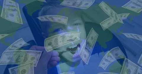 Image of american dollar banknotes falling over world map and painting of Stock Photos