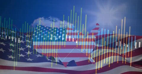 Image of american flag and map with statistics processing Stock Illustration