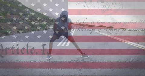 Image of american flag and text moving over man stretching on street Ilustração Stock