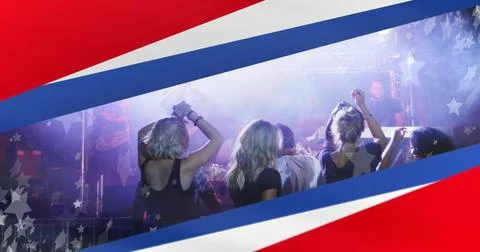 Image of american flag elements over diverse audience, singer and musicians.. Fotos Stock