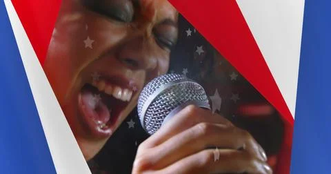 Image of american flag elements over diverse audience, singer and musicians.. Fotos Stock