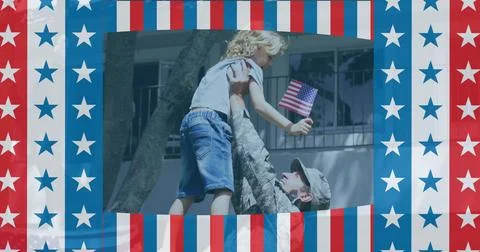 Image of american flag pattern over caucasian boy running to the soldier Stock Photos