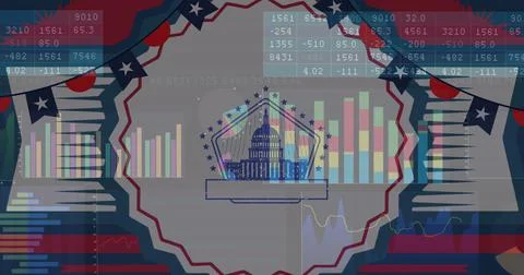 Image of american flags with statistics processing Illustrazione stock