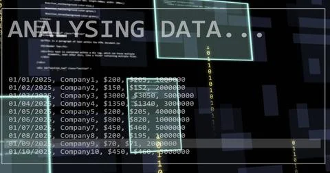 Image of analysing data text and processing data on black background Stockillustratie