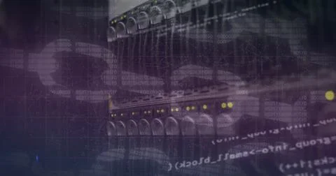 Image of analysis text and blockchains with server room in background Foto stock