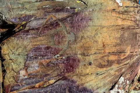 Image of the ancient hunt on the wall of the cave ocher. historical art. arch Stock Photos