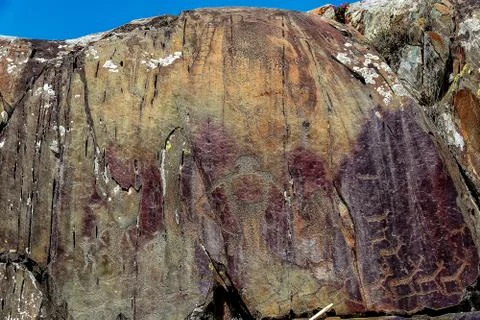 Image of the ancient hunt on the wall of the cave ocher. historical art. arch 스톡 사진
