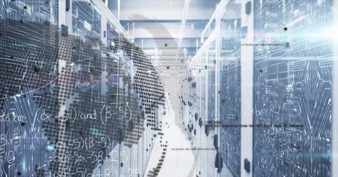 Image of and data processing over empty and server room Stock Photos