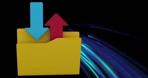 Image of in and out folder and digital data processing over light trails on dark Stock Illustration