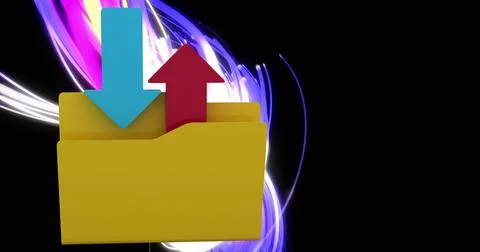 Image of in and out folder and digital data processing over light trails on dark Illustrazione stock