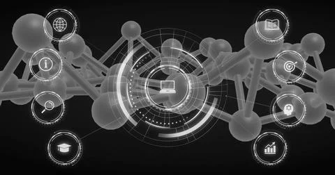 Image of application icon in circles over connected circles against black Stock Photos