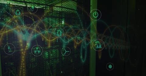 Image of application icons and spiral pattern over data server systems in room Stock Photos
