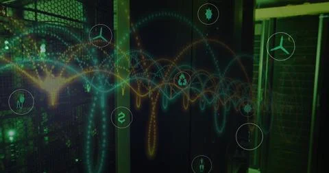 Image of application icons and spiral pattern over data server systems in room Stock Photos