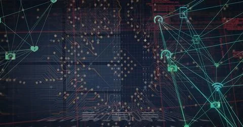 Image of application icons connected with lines over infographic interface in Illustrazione stock