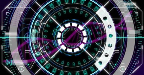 Image of arc reactor with abstract pattern and dna helix over black background 写真素材