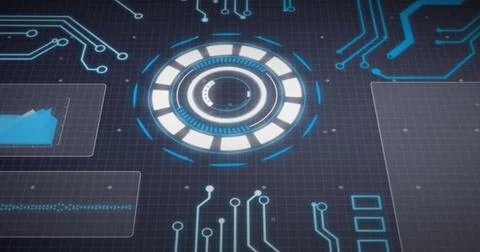 Image of arc reactor, graphs, computer language and circuit board pattern o.. Stock Photos
