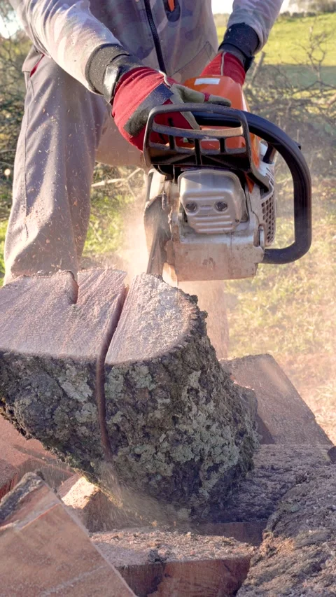 Image of arms with a chainsaw in hand cutting firewood for the winter, clos.. Stockbeeldmateriaal 232802100