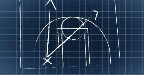 Image of arrow and x with circles on sports court on grid pattern against black Stock Illustration