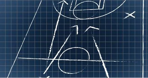 Image of arrow and x with circles on sports court on grid pattern against black Stock Illustration