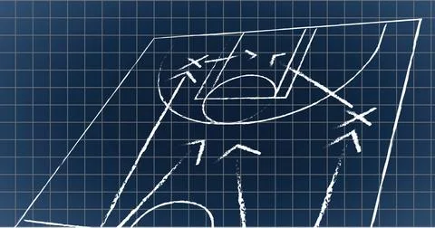 Image of arrow and x with circles on sports court on grid pattern against black Stock Illustration