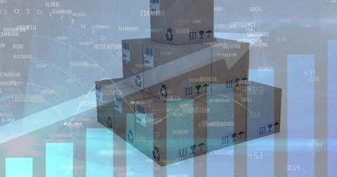 Image of arrow ascending with statistics and data processing over cardboard Ilustração Stock