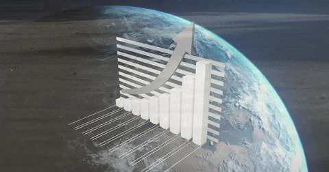 Image of arrow on bar graphs over rotating globe against space Stock Photos