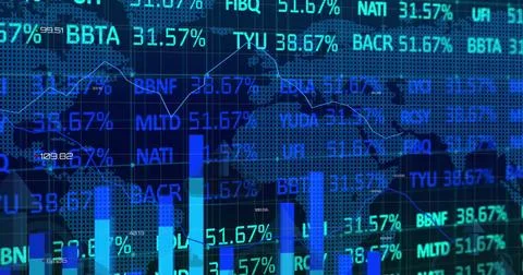 Image of arrow on cloud, graphs, trading board and map over abstract backgrou 写真素材