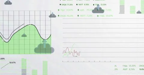 Image of arrow in clouds with multiple graphs and trading boards over white.. Stockfoto's